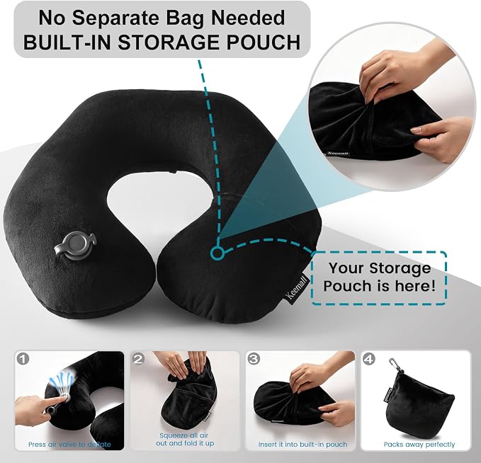 Keemall Inflatable Travel Neck & Shoulder Pillow for Airplanes & Long Trips | Ergonomic Portable Cushion Relieves Neck Pain, Quick Inflation & Deflation,for Long Flights & Business Travel, Premium Black - Image 3