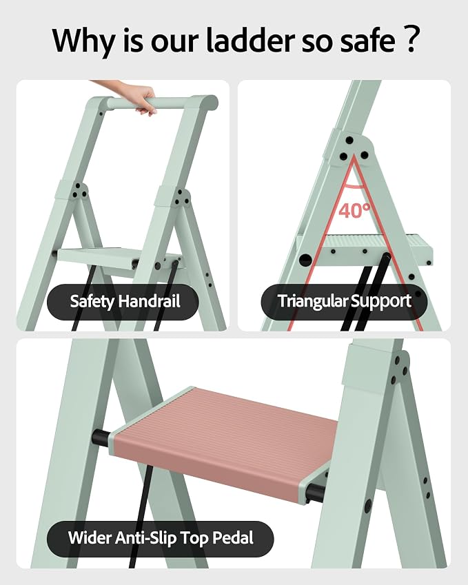 Taranta 3 Step Ladder,Aluminum Step Stool Foldable-Fairyland Green | Lightweight Folding Ladder with Handgrip,Wide Top Pedal,330lbs Capacity Stepladder for Home,Office,Kitchen - Image 3