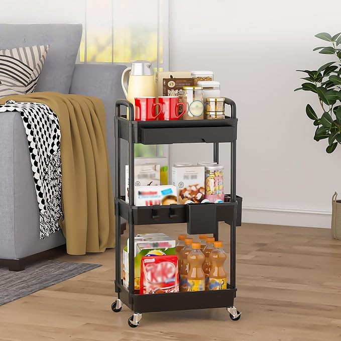 3 Tier Rolling Utility Cart with Drawer, Plastic Storage Organizer Rolling Carts with Wheels Handles Hanging Cups Hooks for Office, Bathroom, Kitchen,Craft Art Room (Black) - Image 8