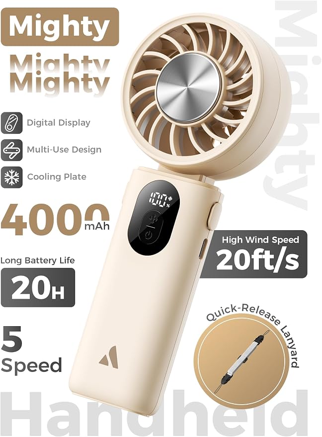 Aecooly Mighty Portable Handheld Fan with Cooling Plate | 20H Max Cooling | 3 Flexible Modes | 5 Speeds Wind | Battery Level Display | Mini Personal Battery Powered, Gifts for Women, Travel-Beige - Image 2
