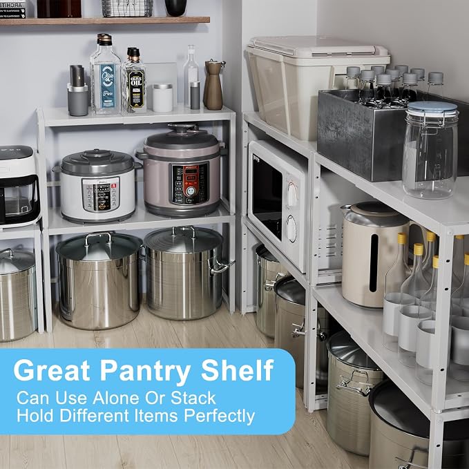 2 Pack Expandable Kitchen Storage Shelves,110LBS Heavy Duty Metal Shelving Unit and Storage for Pot Pans,Adjustable Stackble Small Storage Shelf Organizer for Kitchen Under Cabinet Pantry Garage,White - Image 7