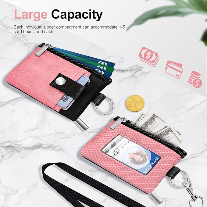 Minimalist RFID Blocking Small Wallet with ID Window,WaterResistant Zip Id Case Wallet with Lanyard Keychain for Cards,Cash,Travel,Women,Men (Pink/Black) - Image 7