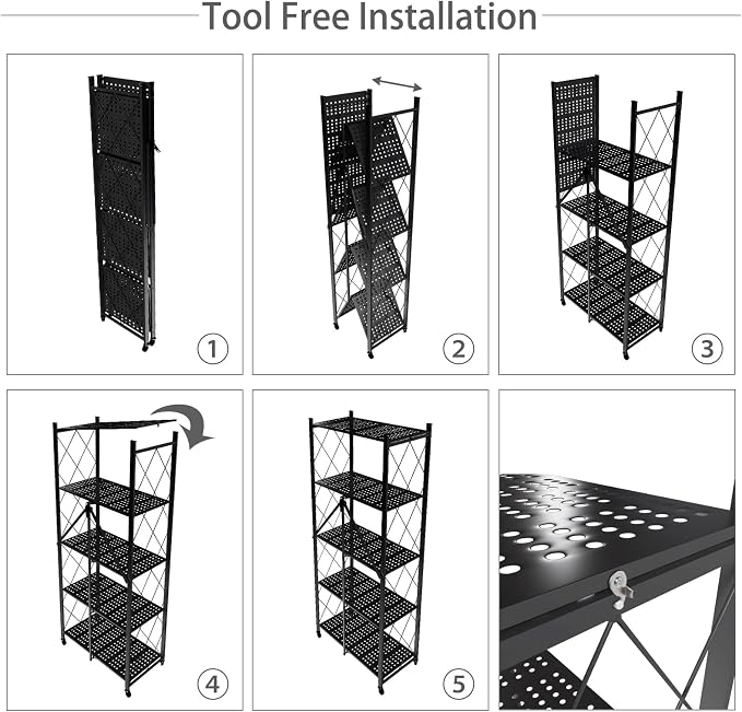5 Tier Folding Shelf with Wheels,Metal Steel Collapsible Shelves | No Assembly Portable Shelves Organizer Rack,Rolling Standing Utility Rack for Kitchen, Pantry, Office, Black - Image 7
