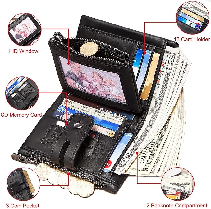 Mens Wallet with Chain Genuine Leather Purse RFID Blocking Bifold Double Zipper Coin Pocket with Anti-Theft Chain - Image 3