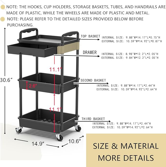 Goovilla 3 Tier Rolling Utility Cart Organizer with Removable Drawer, Black | Stable and Sturdy Rolling Storage Carts with 2 Lockable Wheels for Bathroom, Kitchen, Snack, Craft, Makeup, Baby Essentials - Image 8