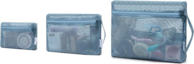 NOL 3-Pack Mesh Travel Toiletry Bags - Clear Zipper Travel Organizer, Airport Carry-On Compliant Reusable Cosmetic Makeup Bag for Women & Men (Dusty blue) by NOLNaturalOrganicLifestyle