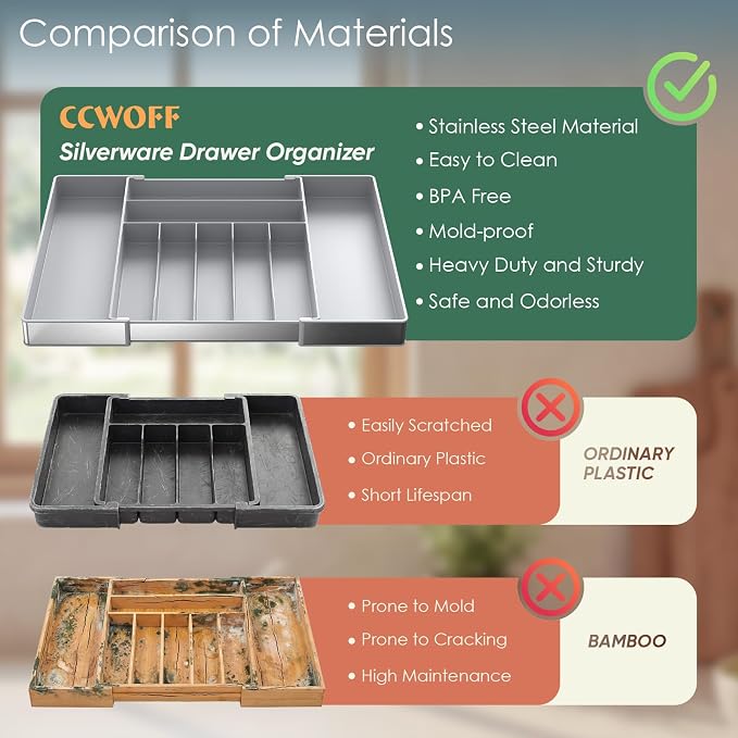 Silverware Drawer Organizer, 9 Slots Expandable Kitchen Drawer Organizer | Extra Large Utensil Holder & Cutlery Tray, Heavy Duty Stainless Steel Frame Flatware Organizer, Non-Slip Feet Included, Gray - Image 3