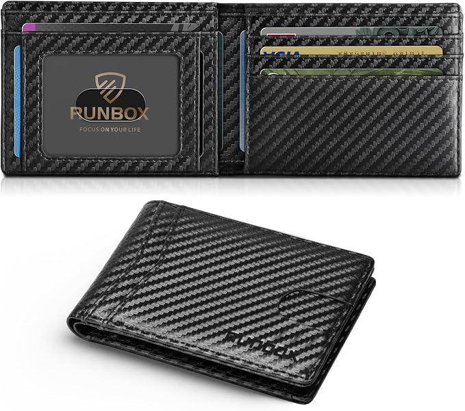 RUNBOX Wallet for Men Slim Leather Bifold RFID Blocking Minimalist Front Pocket Design with Gift Box | Minimalist Front Pocket Design, Holds 8 Cards, RFID Protection, Gifts for Men on Birthdays, Father’s Day, and Christmas by RUNBOX