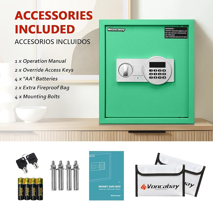 Voncabay Money Safe Box for Home with Digital Keypad, 1.5 Cu. Ft., Green | Alloy Steel, 2 Fireproof Bags, Digital Keypad with Display, Removable Shelf, Alarm System, 14 x 13 x 13 In. - Image 6