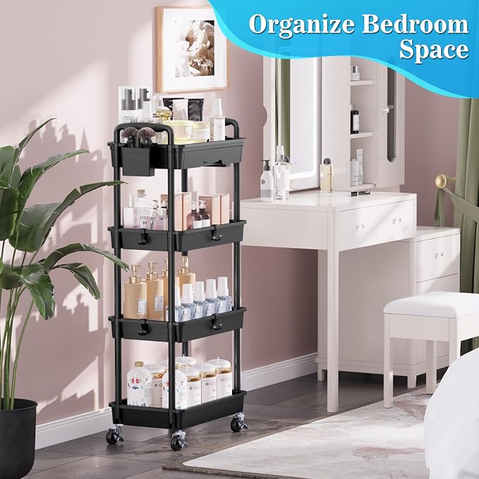 SUNALLY 4 Tier Rolling Cart with Drawer, Craft Storage Cart Organizer,Black | Bathroom Storage Organizer with 2 Lockable Wheels, Rolling Utility Cart for Kitchen, Office, Baby, Makeup, Nail,Snack,Laundry - Image 7