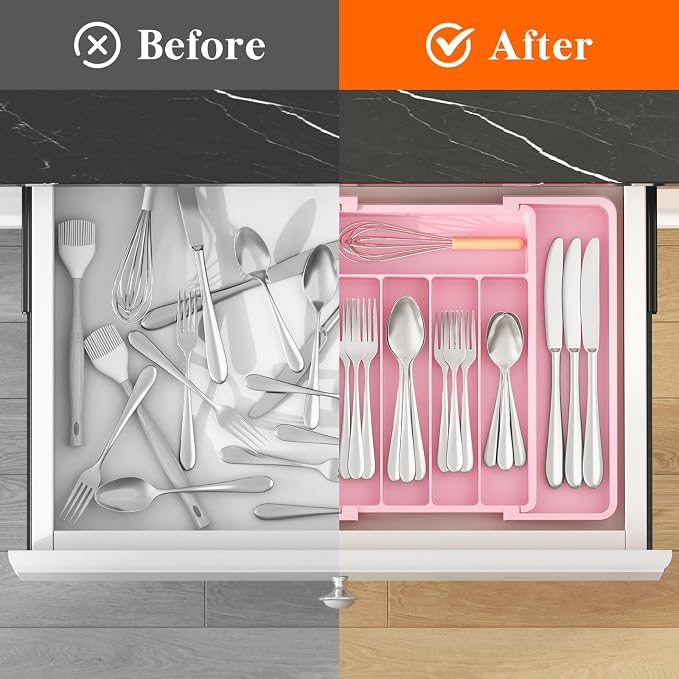 Lifewit Expandable Silverware Drawer Organizer, Kitchen Utensil Tray | BPA-free Plastic Flatware Cutlery Holder, Space-Saving Storage for Spoons Forks Knives, 8.5-14 x 12 x 1.5“, Pink - Image 4