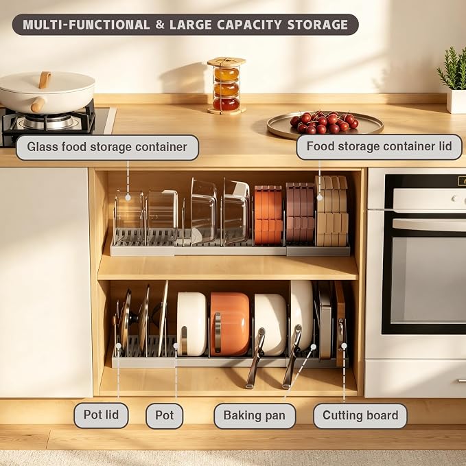 Magheo 2 Pack Pots and Pans Organizer Under Cabinet, Expandable 12.6"-22.8" Kitchen Cabinet Organizer Holder with 10 Adjustable Dividers for Food Storage Container Lid, Cookie Sheet, Cookware(Gray) - Image 3