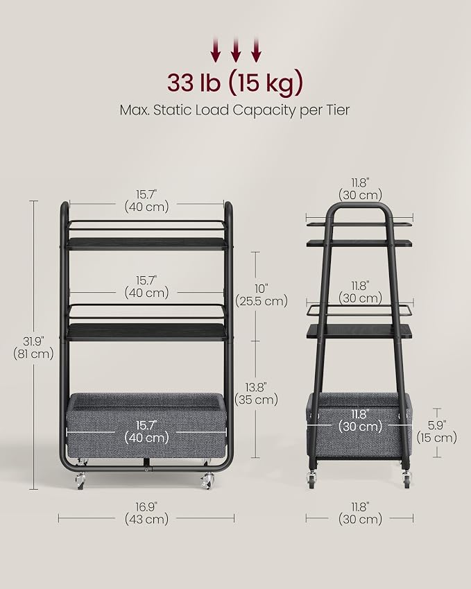 VASAGLE Storage Cart with Fabric Basket, 3-Tier Rolling Utility Cart | Cart with Wheels and Shelves, for Living Room, Bedroom, Kitchen, Ebony Black, LILEA Collection ULRC001BE02 - Image 7