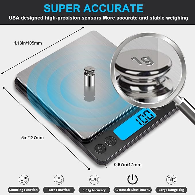 Small Digital Gram Scale 1000g by 0.01g, MEIYA High Accuracy Scale for Food Ounces and Grams, Upgrade USB Charging Kitchen Scale Digital Weight for Cooking, Baking, with Tare Function, 9 Units, 2 Tray - Image 3