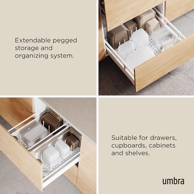Peggy Kitchen Drawer Cupboard Organizer Tray - Adjustable Storage System For Food Containers, Cookware, Serveware, Utensils and More, White | Non-slip feet, fits cabinets or shelves, quick assembly, 32 pegs included, impact-resistant plastic - Image 4