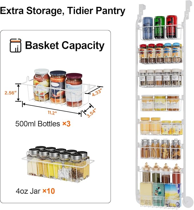 Delamu Narrow Over The Door Pantry Organizer, 8-Tier Metal Pantry Door Organization and Storage for Easy Install, Hanging Spice Rack Shelves, Door Organizer for Kitchen, 4.65"D x 13"W x 65"H, White - Image 4