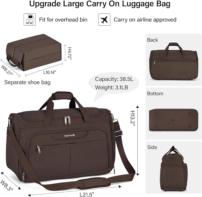 Hanke Carry On luggage Bags for Travel, Large Foldable Duffle Bag for Travel, Softside Lightweight Travel Bag Carry On Bags for Airplanes Women, Travel Tote Bags for Women Men.（Coffee） - Image 2