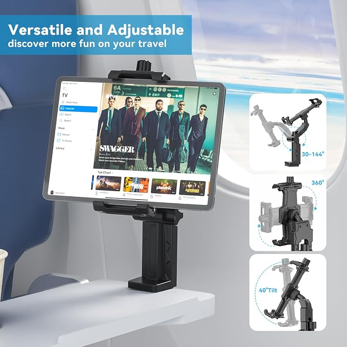 KDD Airplane Tablet Holder Mount, Adjustable Travel Essentials iPad Phone Stand with 360 Degree Rotation, Portable Tesla Model 3/Y Car Headrest Mount Compatible with iPad, Cell Phone - Image 2
