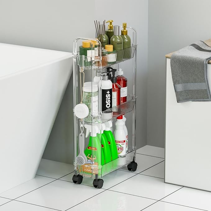 3 Tier Slim Rolling Storage Cart with Wheels for Small Space,Clear Modern Design Slim Utility Cart Suitable as Bathroom Cart Organizer Shelf,Skinny Bathroom Storage Rack,Narrow Laundry Cart on Wheels - Image 7