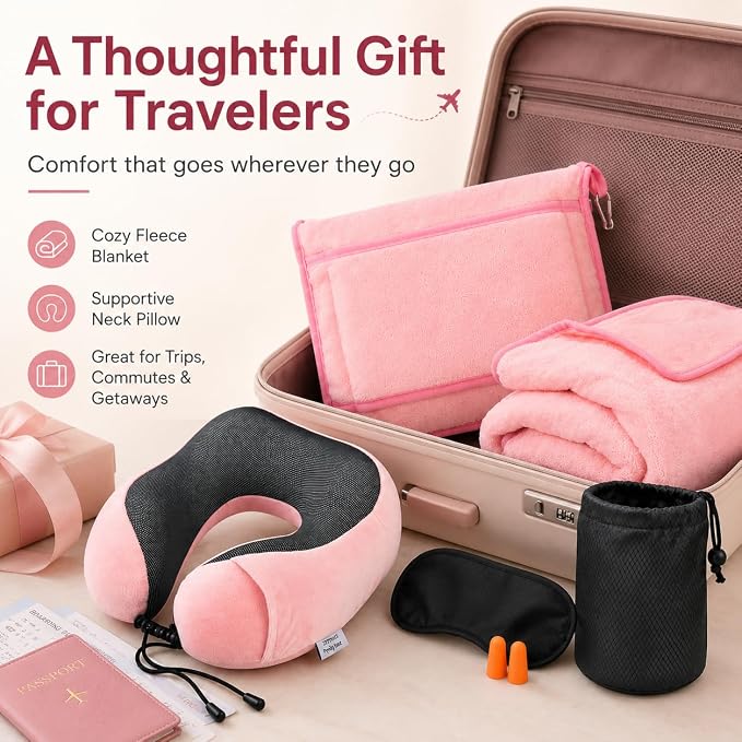 Travel Blanket and Pillow Set - Neck Pillow Airplane Essentials, Pink | Memory Foam, Sleep Mask, Earplugs with Bag, Fleece Soft Comfort for Long Plane Flight Traveling Car Road Trip Flying - Image 7