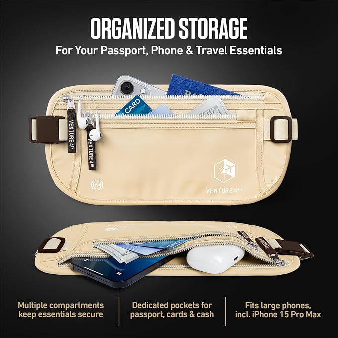 VENTURE 4TH Travel Money Belt, RFID Blocking Passport Holder - Beige - Image 5