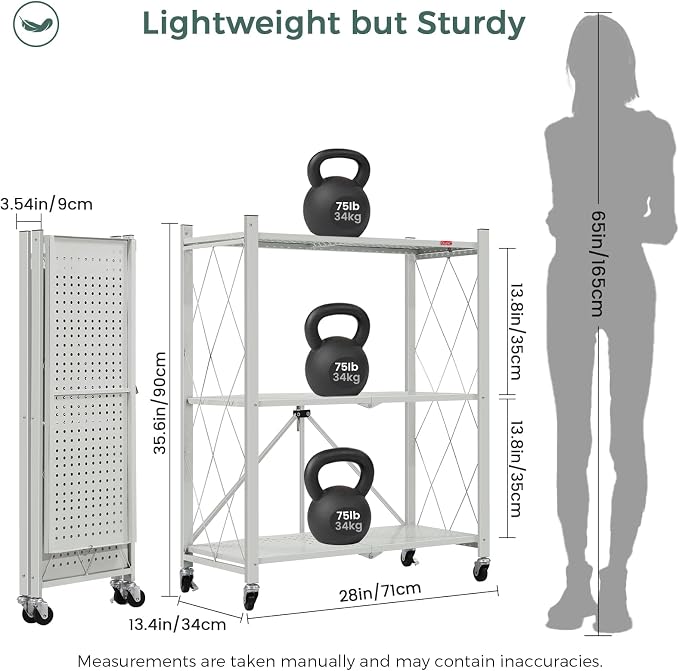DEANIC 3 Tier Foldable Storage Shelves with Wheels, Kitchen Appliance Stand, Freestanding Metal Wire Shelf Rack, No Assembly Organizer Rolling Cart for Garage, Basement, Pantry(Grey) - Image 3