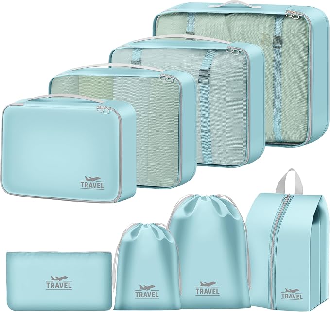 Packing Cubes for Travel- 8 Set Luggage Organizer Bags for Family, Mesh Breathable Travel Packing Cubes for Suitcases Durable Travel Essentials Bags Set (Upgrade Blue, 8 Set) by YEEYAA