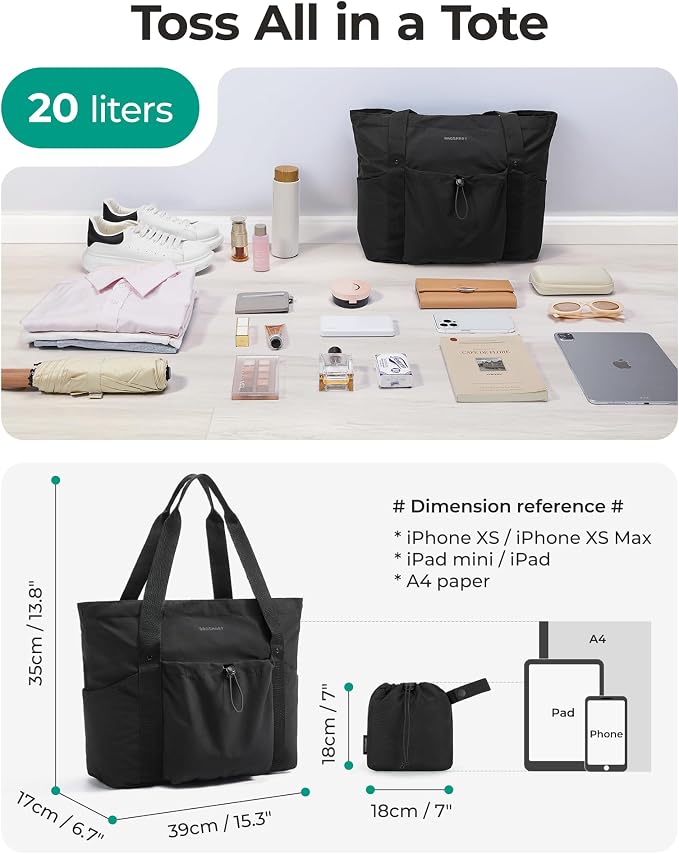 BAGSMART Foldable Tote Bag with Drawstring Bag, Tote Bag Shoulder Bag Top Handle Handbag for Travel, Work, Beach, Gym - Image 3