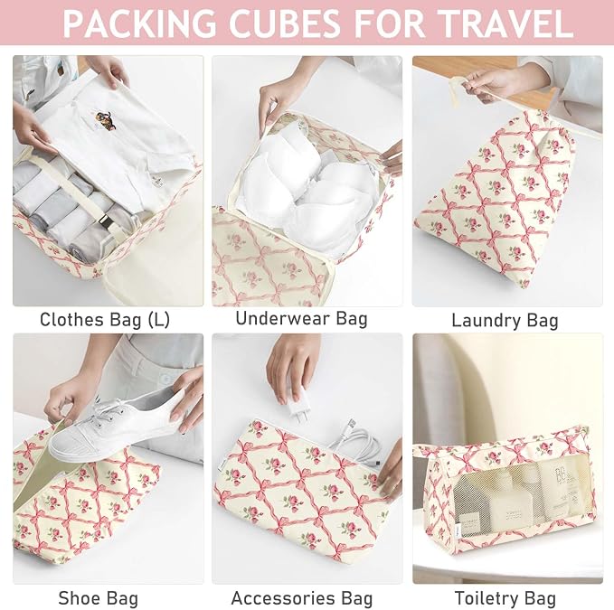 KPX 8 Set Packing Cubes for Travel, Luggage Packing Organizers Accessories Large Toiletries Bag for Clothes Shoes Cosmetics (8Set-Flower & Bow) - Image 4