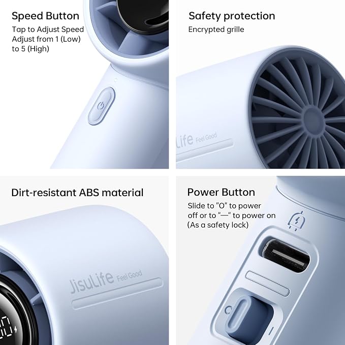 JISULIFE Life10S Portable Handheld Turbo Fan, 5000mAh Rechargeable, 5-Speed | Travel Essential for Beach, Concerts, Ultra-Quiet, 28H Max Runtime, Powerful Cool Airflow, LED Display, Gift for Women & Men - Image 7