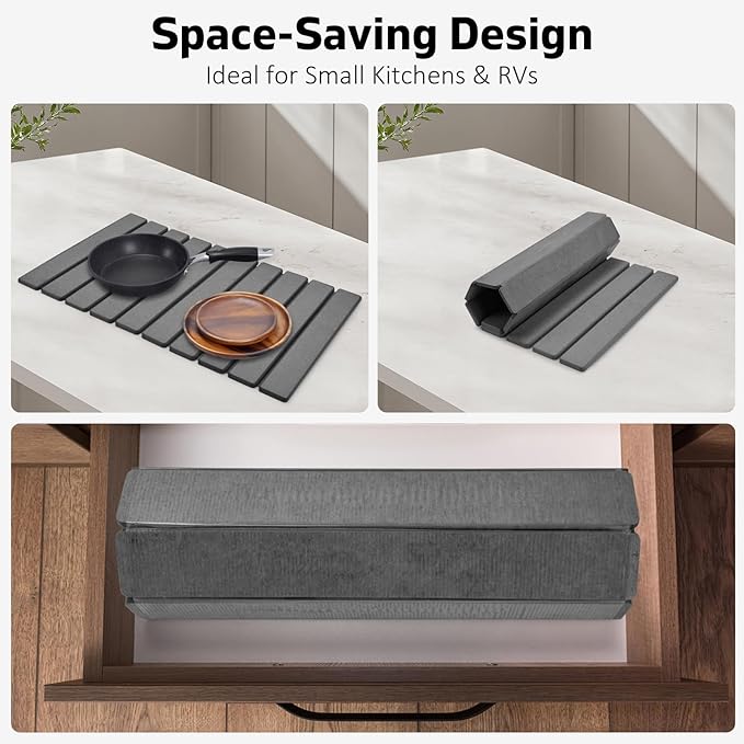 Large Stone Dish Drying Mat for Kitchen Counter – 24"(L)×16 "(W) Foldable Super Absorbent Diatomaceous Earth Dish Drying Mat, Kitchen Counter Mats for Plate Rack, Cups, Match Any Countertop - Gray - Image 3