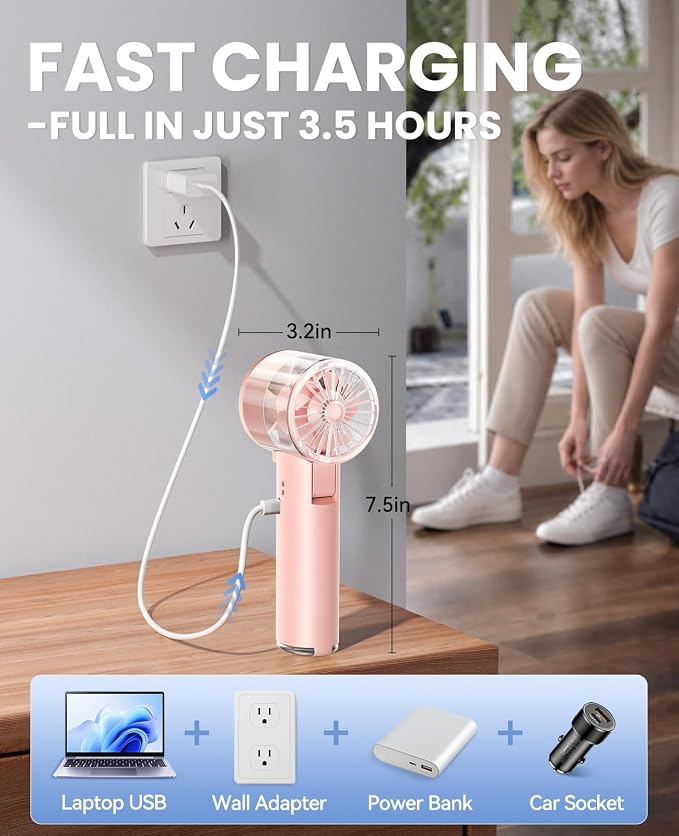 Handheld Fan with Ice Cooler, 13H Runtime, 16000RPM Turbo Motor, 100-Speed, 4000mAh Rechargeable Personal Fan, Portable Mini Hand Fan for Travel Outdoor Makeup Pink - Image 8