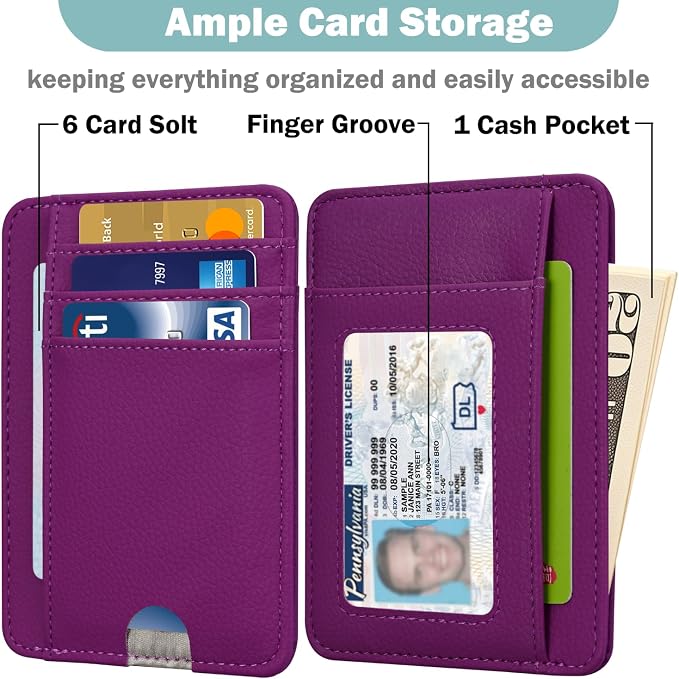 HOTCOOL Slim Wallet for Men, Minimalist Front Pocket Simple Leather Credit Card Holder RFID Blocking for Men & Women, Thin Organizer Gifts, Litchi - Grape Purple - Image 2
