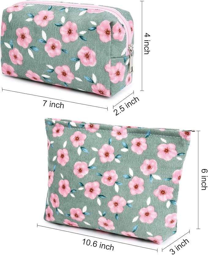 SOIDRAM 2 Pieces Sakura Makeup Bag Large Cosmetic Bag Capacity Canvas Mix Travel Toiletry Bag Organizer Cute Makeup Brushes Aesthetic Accessories Storage Bag for Women, Sakura Mix Green - Image 3