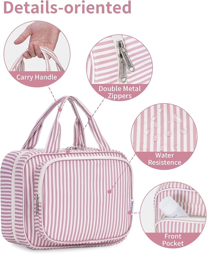 Narwey Striped Hanging Toiletry Bag for Women Travel Makeup Bag Organizer Toiletries Bag for Travel Size Essentials Accessories Cosmetics (Dusty Pink Stripe (Medium)) - Image 5