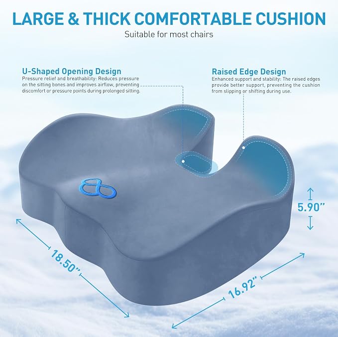 BlissTrends Extra Thick Seat Cushion for Office Chair & Car Seat, LightBlue | Tailbone & Sciatica Relief, Ergonomic Support, High-Density Memory Foam, Comfort for Extended Sitting - Image 2