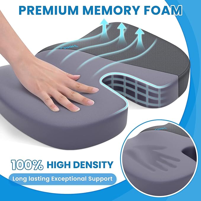 Memory Foam Seat Cushion for Office Chair, Car Seat, Gray, XL | Office Chair Cushion for Car, Airplane - Chair Pad for Long Sitting Sciatica, Hip, Coccyx,Tailbone Pain Relief, Butt Pillow - Image 3