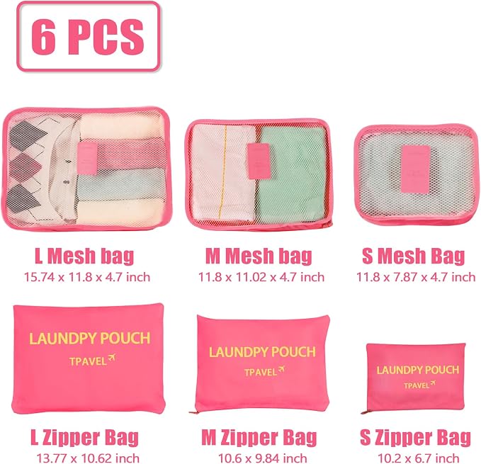6 Set Packing Cubes for Travel Luggage Packing Bags Reusable Lightweight Suitcase Organizer Cubes Set for Travel Accessories (Rose Red) - Image 2