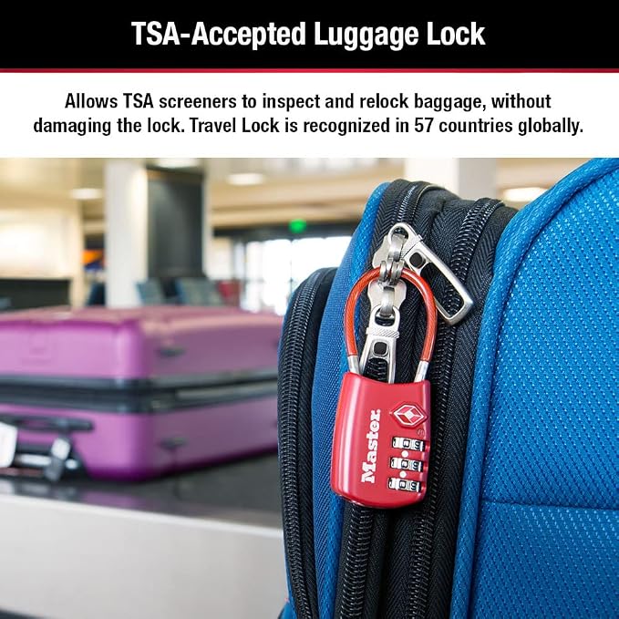 Master Lock TSA Approved Combination Luggage Lock, Assorted, 4-Pack 4688EC4 | TSA Accepted Set Your Own Combination Luggage Cable Lock For Suitcases, Backpacks, Travel and Airport Security, 3-digit Lock - Image 4
