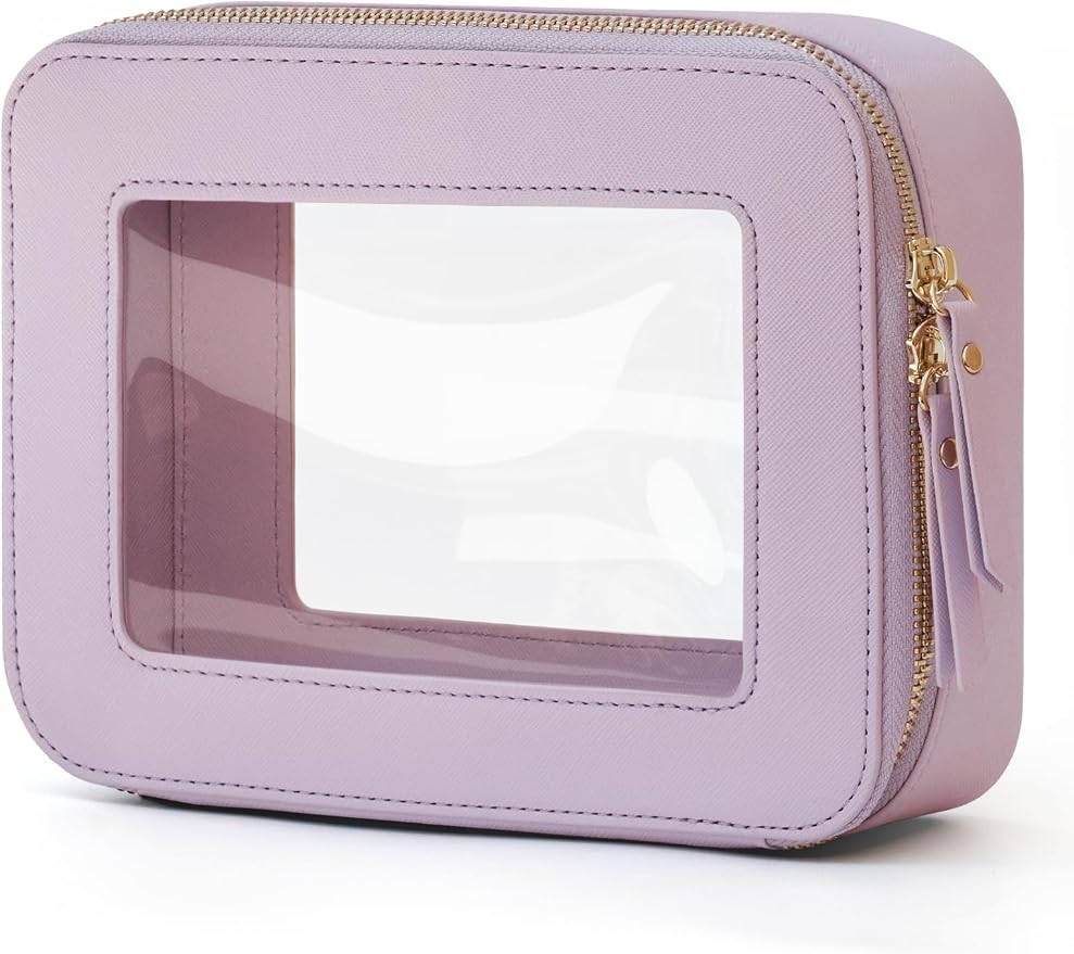 Clear Makeup Bag with Zipper Women Travel Toilrty Bag Purple Medium | Structured Clear Cosmetic Case, Car Essential Organizer Bag, Waterproof PU Leather, Dual Zipper, Wide Opening and Compact by POPVIBE