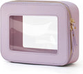 Clear Makeup Bag with Zipper Women Travel Toilrty Bag Purple Medium | Structured Clear Cosmetic Case, Car Essential Organizer Bag, Waterproof PU Leather, Dual Zipper, Wide Opening and Compact by POPVIBE
