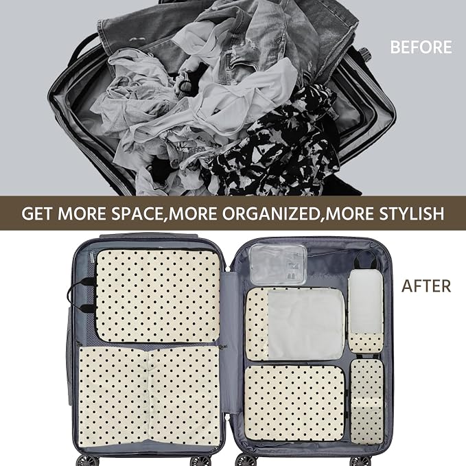 7 Pcs Compression Packing Cubes for Travel, Waterproof Suitcase Luggage Backpack Organizer with Toiletry Bag Travel Essentials for Women/Men-Polka Dots - Image 6