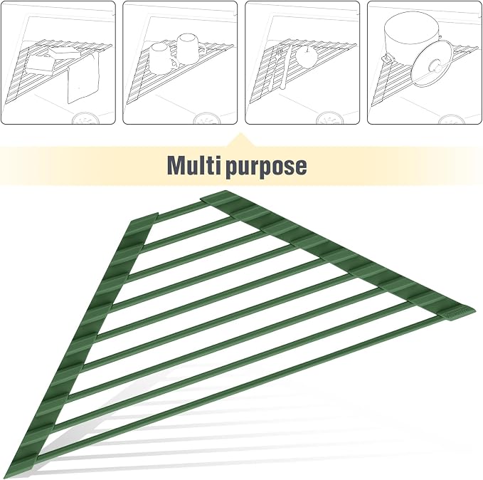 Tomorotec Roll Up Dish Drying Rack with Silicone Coating, Army Green | 304 Stainless Steel with BPA-Free Silicone, Triangle Design Maximizes Sink Corner Space, Fits Compact Kitchens And RVs - Image 7