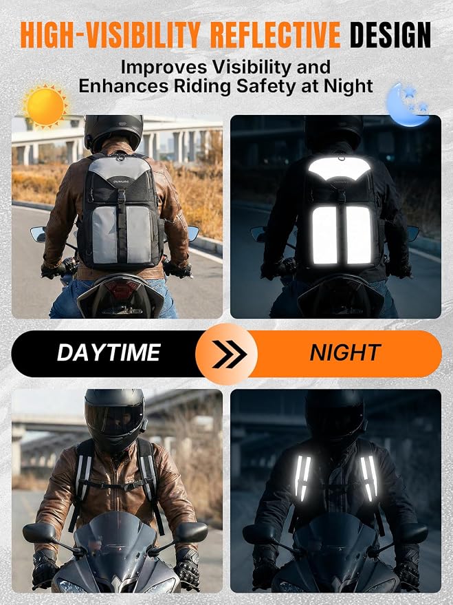 Oumurs Reflective Motorcycle Helmet Backpack, 35L Riding Backpack with Hidden Helmet Net, Hi-Vis Commuter Bag, 1680D Water-Resistant Travel Backpack with Laptop Compartment, Ventilated Back - Image 3