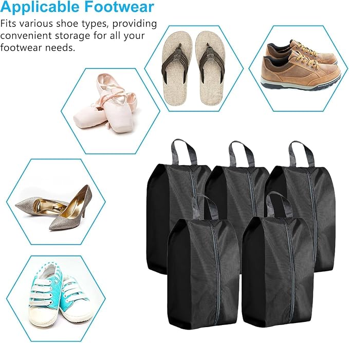 5Pcs XL Travel Shoe Bags Portable Travel Gifts Shoe Organizer with Zipper Closure, Waterproof Nylon Shoe Storage Organizer with Handle Travel Bags For Men and Women, Black - Image 6