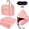 Travel Blanket and Pillow Set - Hooded Neck Pillow Airplane Essentials Pink | Memory Foam, Sleep Mask, Earplugs, Foldable Duffel Bag Soft Comfort for Long Plane Flight Traveling Car Road Trip Flying by Nerien