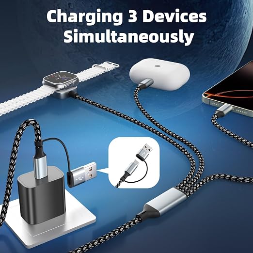 Travel Essentials 3 in 2 Multi Charging Cable for iWatch Charger/iPhone17-8 | USB A/USB C Charging Cords for Multiple Devices, Nylon Braided Universal Charger for Home/Office/Travel/Cruise/Carplay-5FT - Image 2