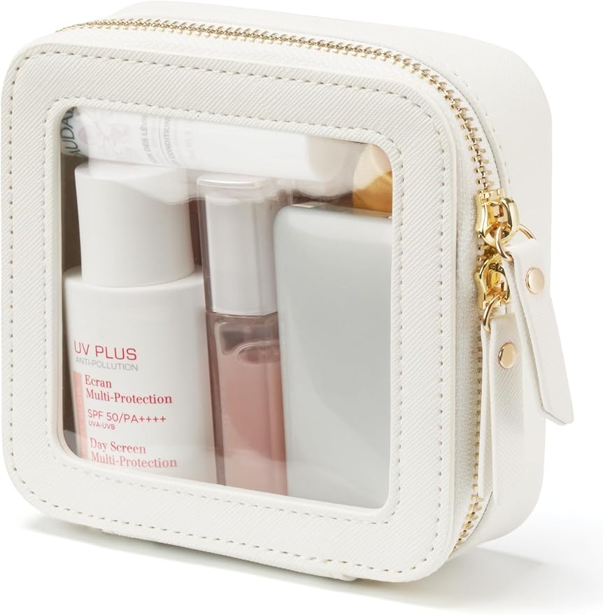 Small Clear Makeup Bag for Purse, Travel Cosmetic Case, White, Mini | Waterproof PU Leather, Transparent Square Make Up Pouch with Zipper, Tiny Toiletry Organizer Bag for Women Car Essentials Bag by POPVIBE