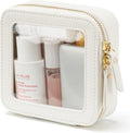 Small Clear Makeup Bag for Purse, Travel Cosmetic Case, White, Mini | Waterproof PU Leather, Transparent Square Make Up Pouch with Zipper, Tiny Toiletry Organizer Bag for Women Car Essentials Bag by POPVIBE