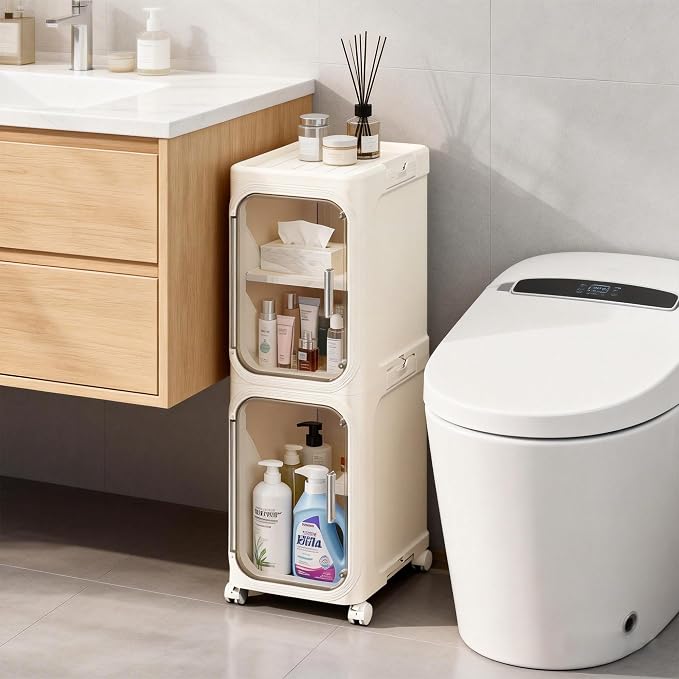 Narrow Storage Cabinet,2-Tier Slim Bathroom Organizer with Wheels,Beige | Turns Unused Narrow Spaces into Organized Storage Slim Outside Spacious Inside Rolls Smoothly Locks Securely Snap Assembly by LXLXXL